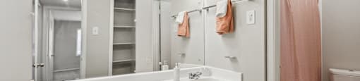 a bathroom with a large mirror and a sink and a toilet