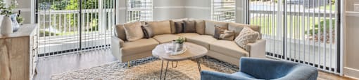 a living room with a couch and chairs and a rug