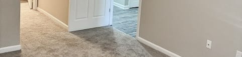 A room with a ceiling fan and carpeted floor.