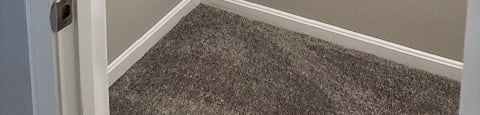 A white closet with a carpeted floor and a white door.