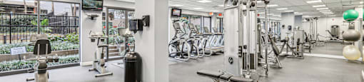 a gym with weights and other exercise equipment in a building with glass doors