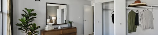 a bedroom with a bed and a dresser and a closet