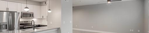 A modern kitchen with a stainless steel refrigerator and a ceiling fan.