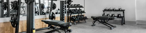 A gym with a variety of equipment including a squat rack, bench, and dumbbells.