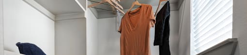 a walk in closet with a pair of shoes on a shelf and a closet organizer