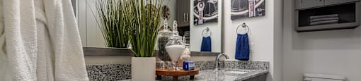 a bathroom with a granite counter top and a toilet
