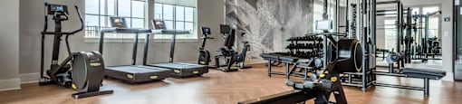 A gym with a variety of equipment including treadmills, weights, and a bench press.
