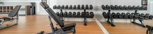 A gym with a variety of equipment including weights and a flat screen TV.