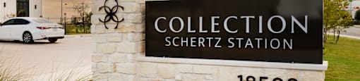 A sign for Collection Schertz Station with a car parked in the background.