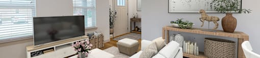 a living room with a white couch and a television