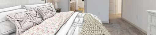a bedroom with a large bed and a bathroom with a closet