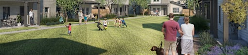 A family is walking their dog in a park-like setting with houses in the background.