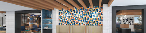 A modern lobby with a large abstract mural on the wall.