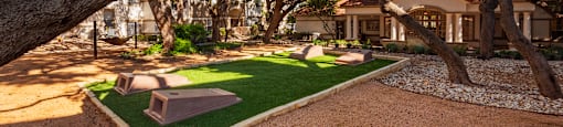 a yard with grass and trees in front of a house  at Hayden on West Ave, San Antonio, TX