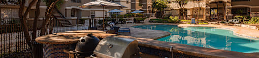 a backyard with a swimming pool and a barbecue grill  at Hayden on West Ave, San Antonio