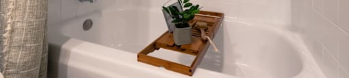 a bathroom with a white tub and a wooden tray with a plant  at Hayden on West Ave, Texas