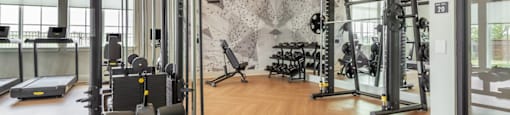 A gym with a variety of equipment including treadmills, weights, and machines.