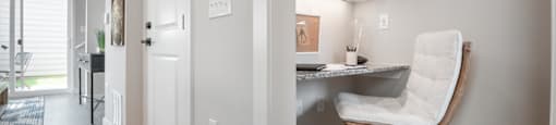 A white chair is in front of a desk with a shelf above it.