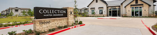 The entrance to a building named Collection Hunter Crossroads.