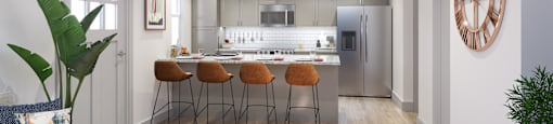 A modern kitchen with a dining table and chairs.