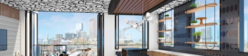 A modern living room with a large window overlooking a cityscape.