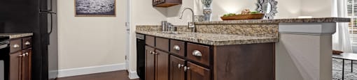a kitchen with a granite counter top and a black refrigerator
