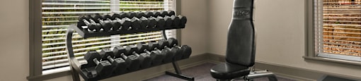 a fitness room with a chair and dumbbells and a television