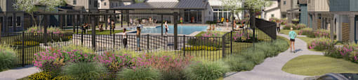 A residential area with houses and a pool.