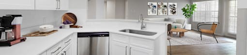 a kitchen with white cabinets and a large white island with a stainless steel sink and dishwasher  at Hayden on West Ave, San Antonio, Texas