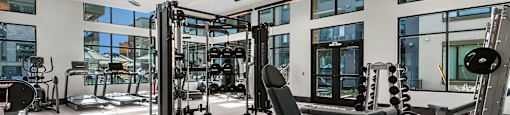 A spacious gym with a variety of equipment including treadmills, weights, and exercise machines.