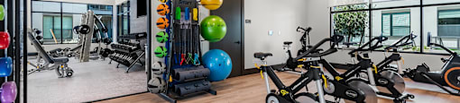 A spacious gym with a variety of exercise equipment and a mirror on the wall.