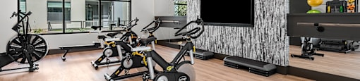 A modern home gym with a row of stationary bikes and a television.