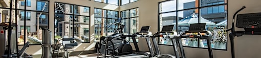 A gym with treadmills, elliptical machines, and a rowing machine.