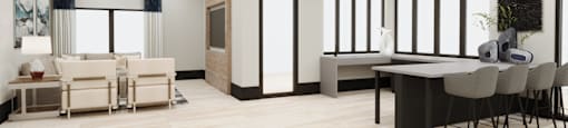 A modern living room with a dining area and a kitchenette.