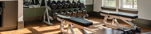 a gym with weights and exercise equipment and windows