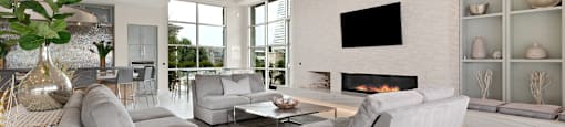 a living room with a fireplace and two couches