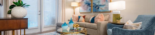 living room of an apartment at the cannery at packing district