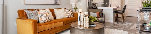 living room area of an apartment at the cannery at packing district