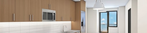 A modern kitchen with wooden cabinets and a large island.