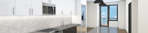 A modern kitchen with dark wood cabinets and a white brick backsplash.