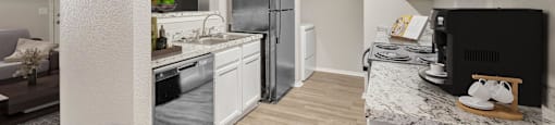 a kitchen with white cabinets and a black refrigerator