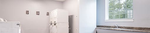 an empty room with a sink and a tub and a window