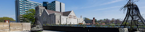 A modern sculpture of a horse is in the foreground of a rooftop garden.
