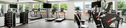 the gym is equipped with state of the art equipment including cardio machines and weights