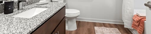 A bathroom with a white toilet and a sink with a granite counter top.