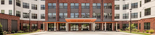 the exterior of a building with a circular courtyard