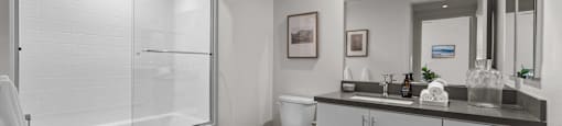 a bathroom with a shower toilet and sink and a mirrorat Westbury Apartments, California