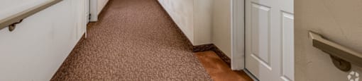 a hallway with white walls and doors and a brown carpet