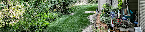 Back Patio with lush greenery at Deer Park Apartments in Council Bluffs, IA