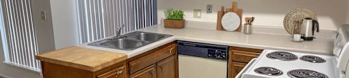 an empty kitchen with a stove and a sink